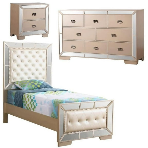 Home Square 3-Piece Set with Twin Panel Bed Dresser 2-Drawer Nightstand in Pearl
