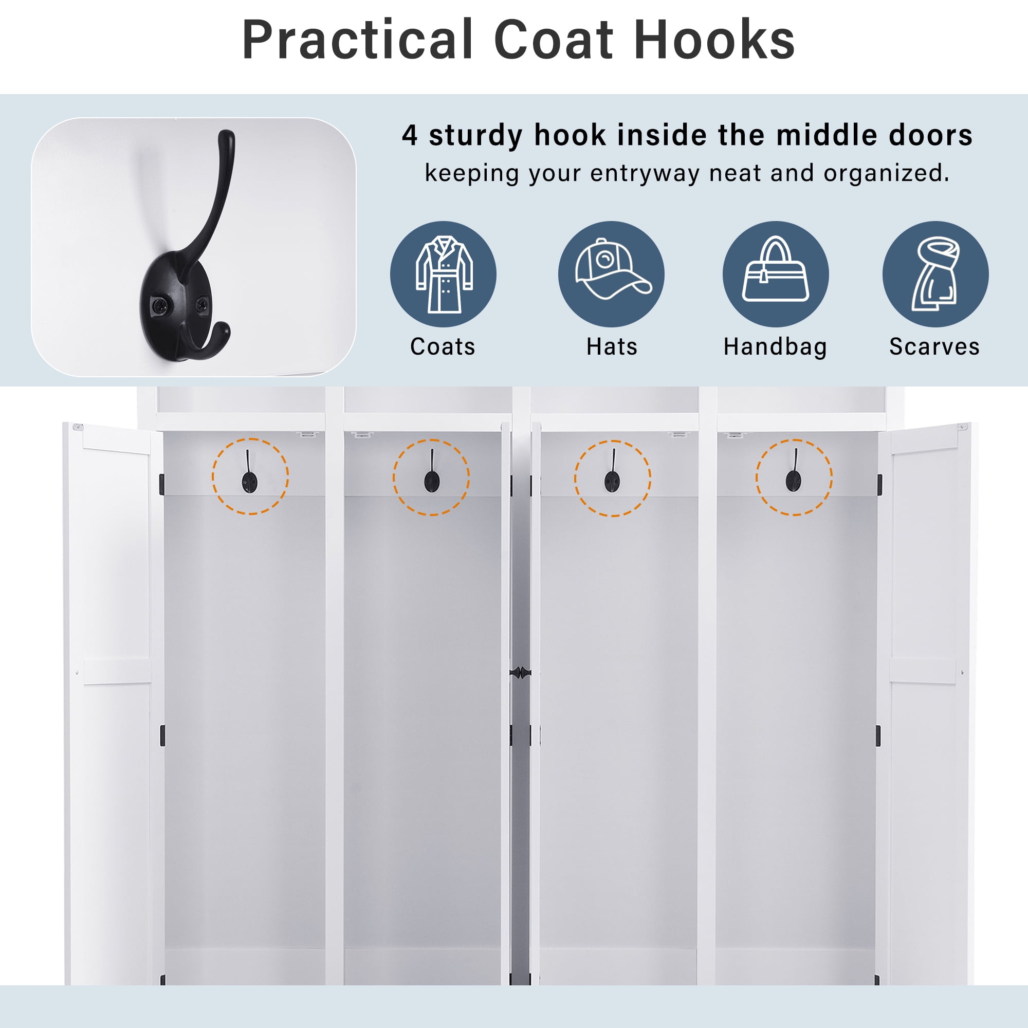 76.7''H Modern Entryway Hall Tree with Storage Bench, Accent Wardrobe Organizer with Cubbies and Hidden Hooks for Hallway