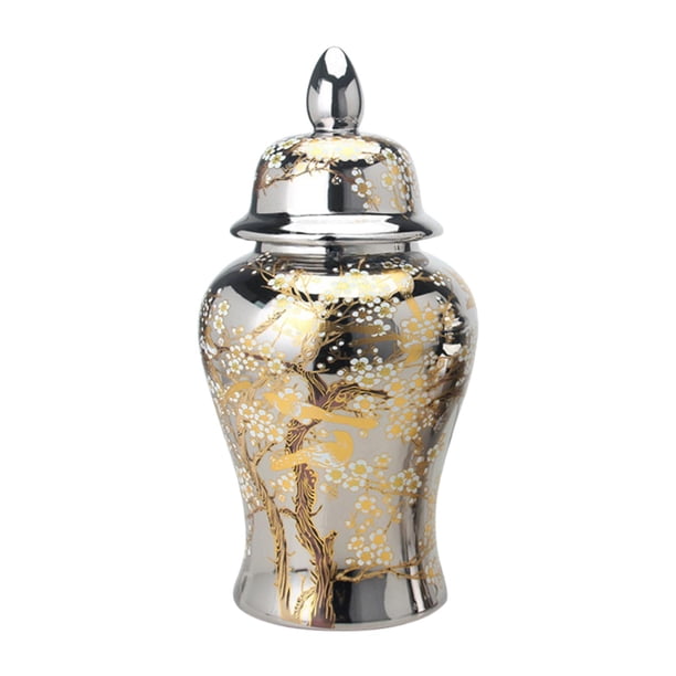 Jarrón de cerámica con forma de tarro de jengibre, decoración floral artesanal con tapa, tarro decorativo 24cmx48cm