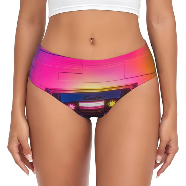 Balery Neon Cassette Tape Ropa Interior de Algodón para Mujer con Dibujo – Braguitas Cómodas y Elásticas, Estilo Clásico-X-Large