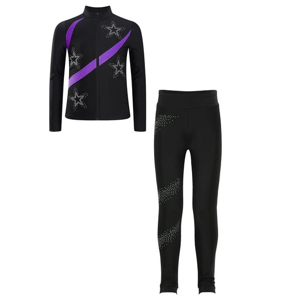 Haitryli Kids Girls Figure Ice Skating Outfit Shiny Rhinestone Long Sleeve Jacket with Training Leggings Pants Set Purple 8