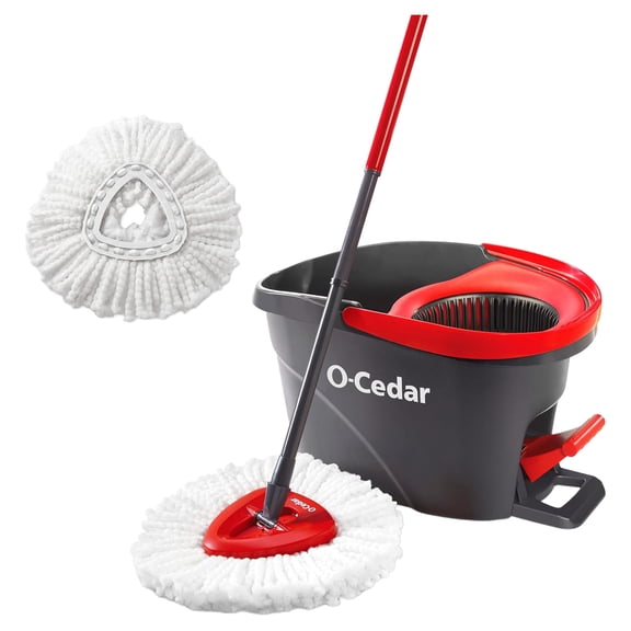 O-Cedar Easywring Microfiber Spin Mop & Bucket Floor Cleaning System With 1 Extra Refill, Red / Gray