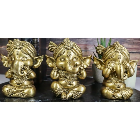 Ebros Set of 3 See Hear Speak No Evil Ganesha with Turban Figurines 4" Tall
