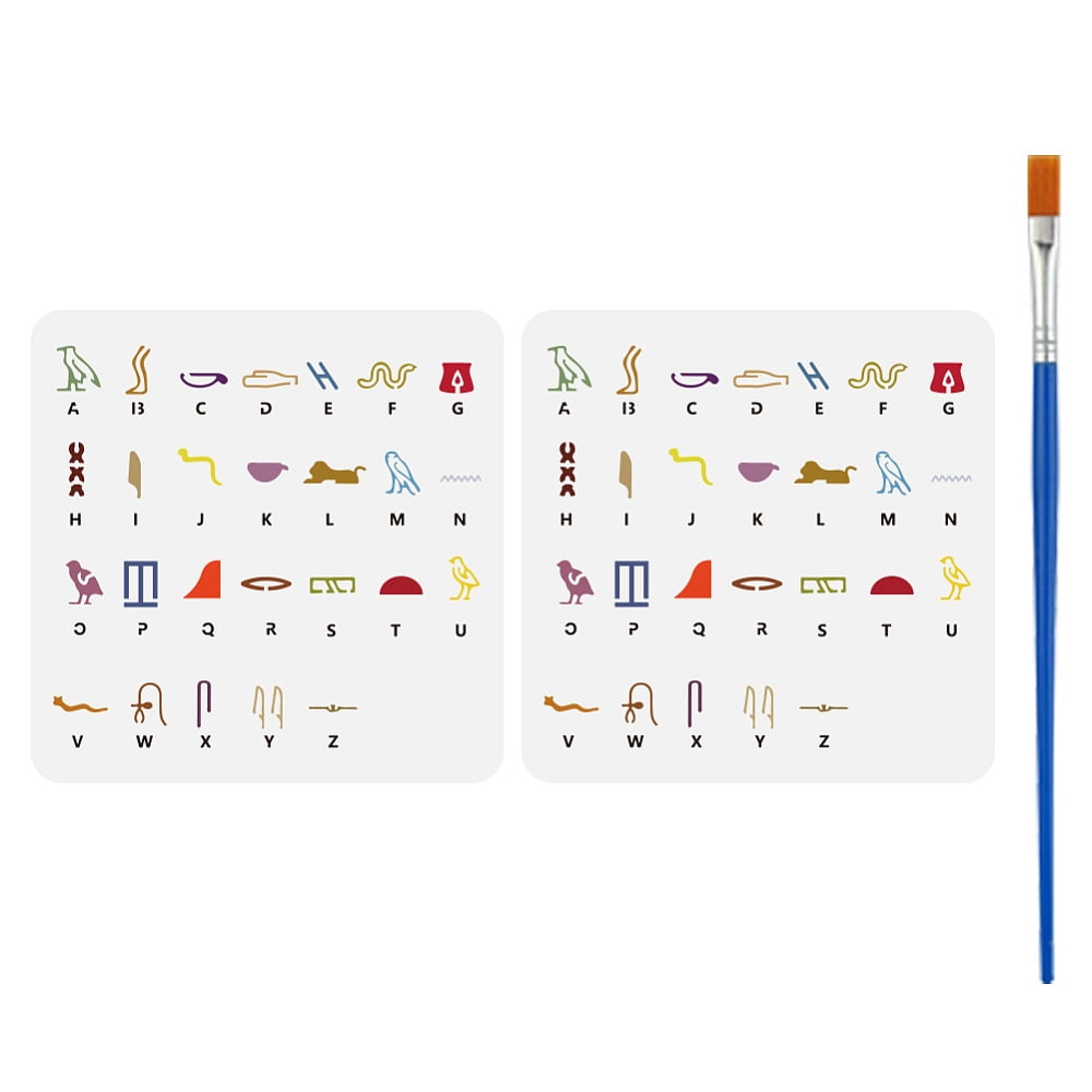 2PCS Egyptian Alphabet Stencil 11.8x11.8 Inch Egyptian Writing Stencil Plastic Hieroglyphs Stencils with Paint Brush