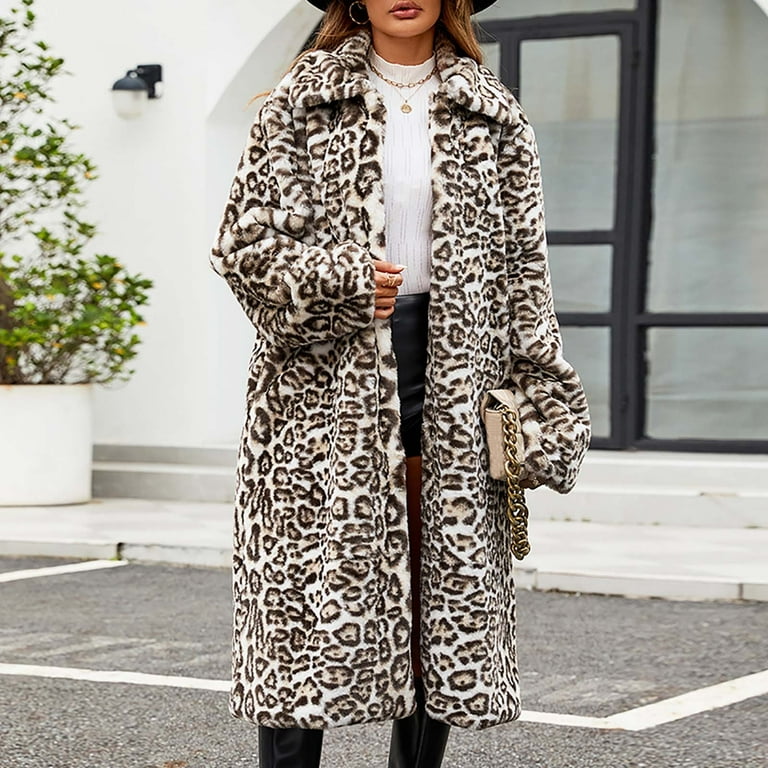 ジャケット・アウター vintage leopard design far long coat Women's Faux Fur Long Jackets Winter Warm Leopard Coats Oversized