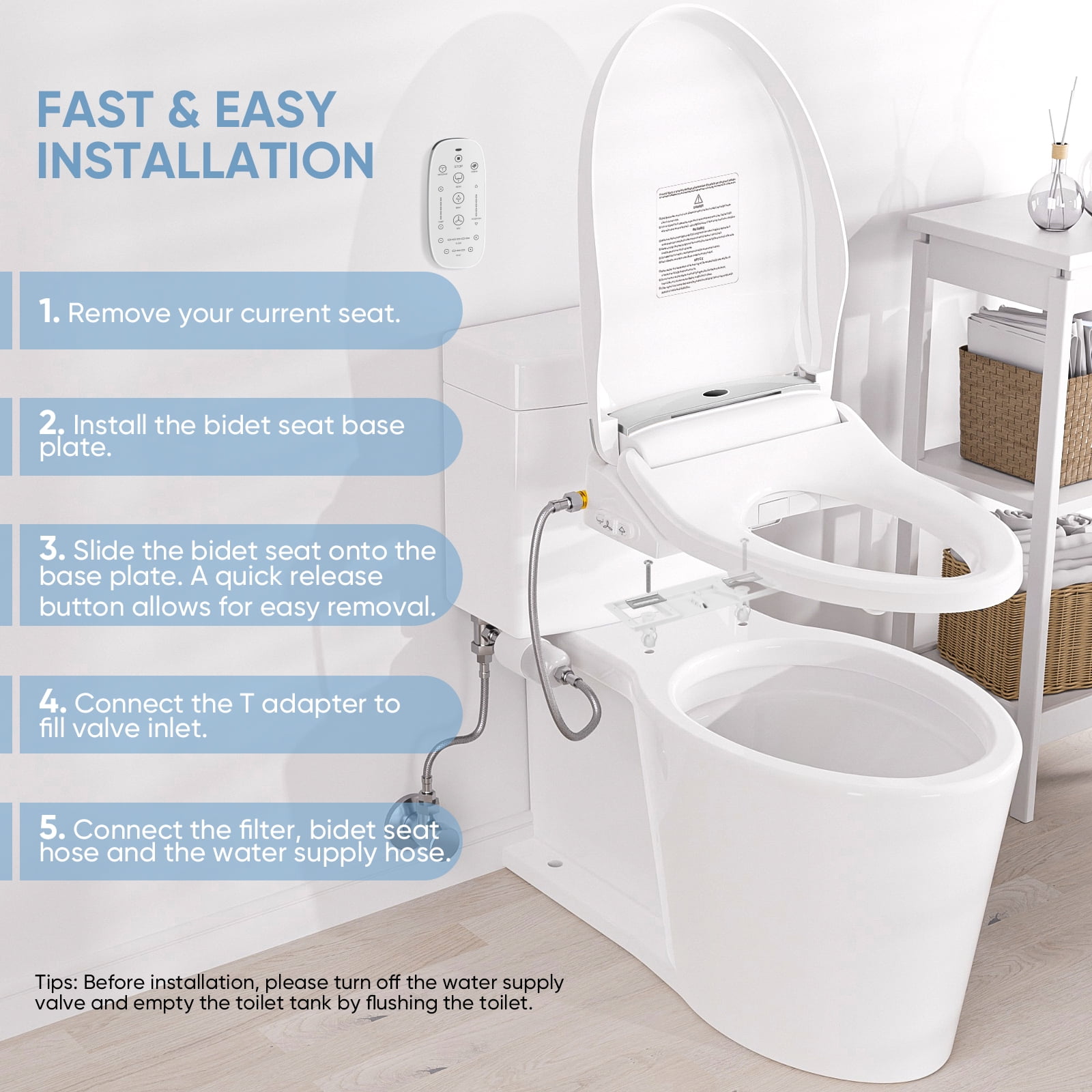 LEIVI Electric Bidet Toilet Seat with Wireless Remote and Side Panel, Multiple Spray Modes, Adjustable Heated Seat, Warm Water and Air Dryer, Auto LED Nightlight, Elongated