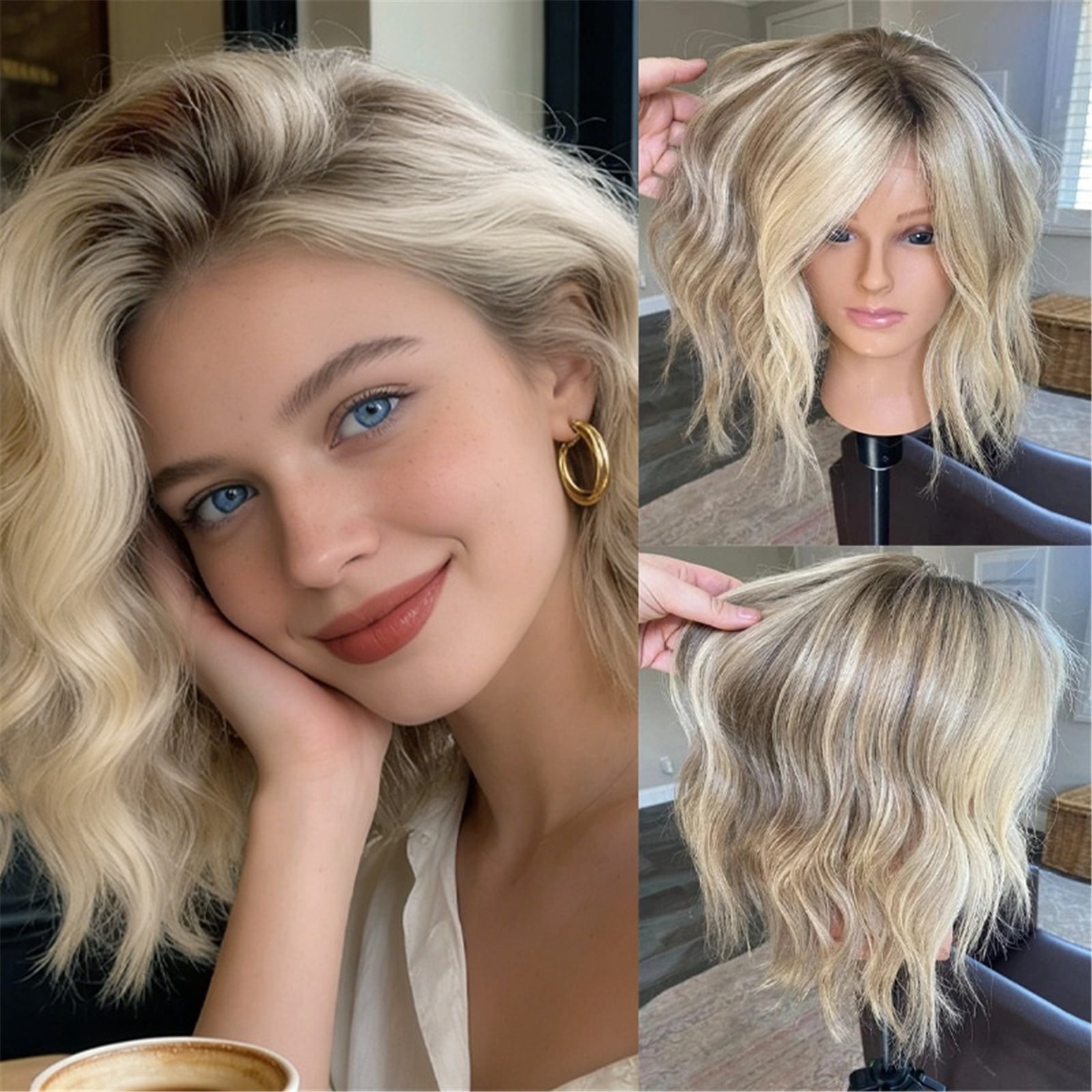 High Heat Fibre Ash Blonde Highlights HD Lace Wigs for Women 13x4 Glueless Short Bob Wavy Wig