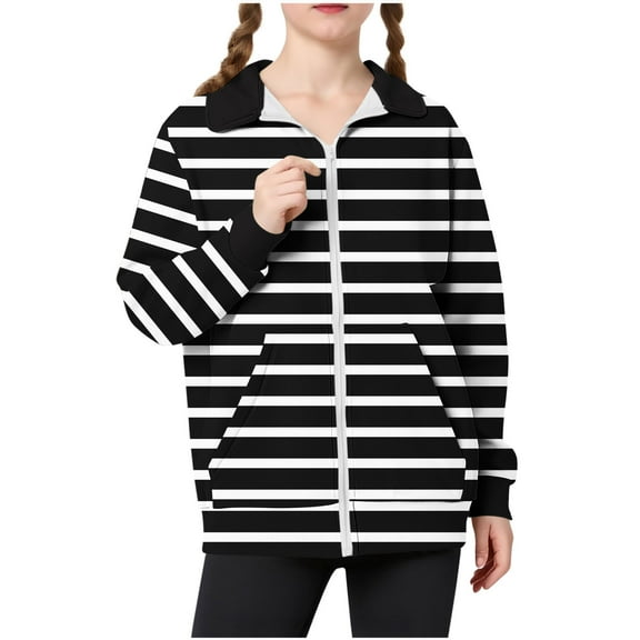 Favoffer Girls Graphic Zip Up Hoodies Sweatshirt with Pockets Kids Hooded Coat Casual Outerwear Rainbow Plaid Stripe Campus Daily Outings Parties 5-15Y