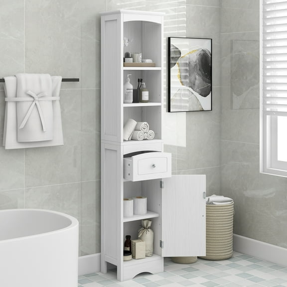 Freestanding Storage Cabinet with Drawer Tall Bathroom Cabinet MDF Board, Adjustable Shelf
