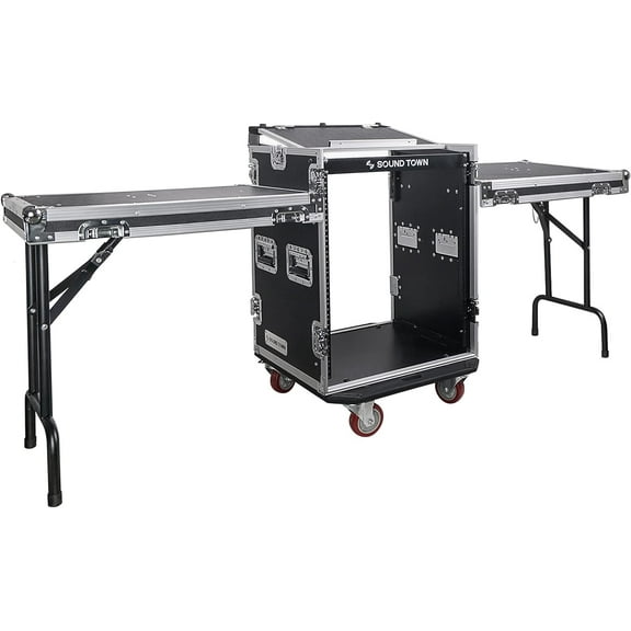 Sound Town 14U PA DJ Rack/Road ATA Case with 11U Slant Mixer Top, 20’’ Rackable Depth, 2 DJ Work Tables and Casters, 14-Space Size, Pro Tour Grade (STMR-14UWT2)