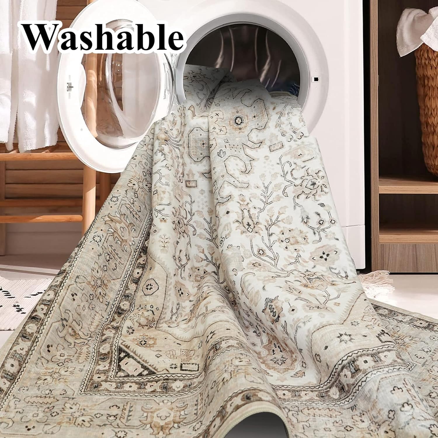YOUFORTONG 4x5 Washable Entryway Area Rug, Non-Slip Oriental Farmhouse Low Pile Stain Resistant Thin Front Door Mat for Bathroom Kitchen,Ivory