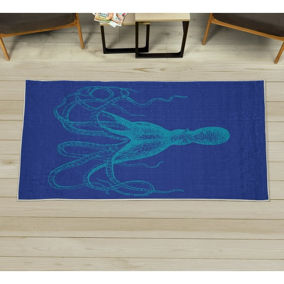 Octopus Decorative Rug, Monochrome Marine Animal Tentacles in Sketch Subaquatic Life Art, Quality Carpet for Bedroom Dorm and Living Room, 6 Sizes, Cobalt Blue, by Ambesonne