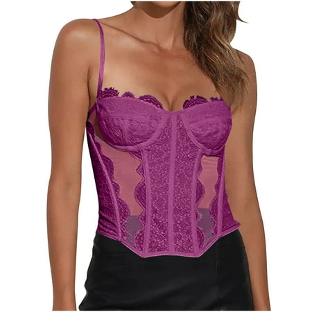 Gnurob Women Corset Tops Lace Mesh Bra Spaghetti Strap Bralettes Sexy Shapewear Bras Date Night Top Going Out Party Club Shirt Clearance Deals  Hot Pink Large
