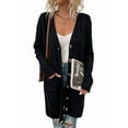 thumbnail image 2 of Women'S Autumn and Winter Long Sleeve Cardigan Sweater Cable Knit Front Button Long Coat Black XL, 2 of 7
