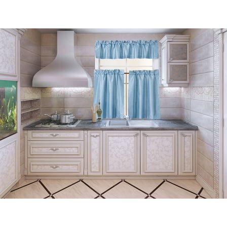 3-Piece K3 Light Blue Blackout Rod Pocket Kitchen Curtain Set, Two (2)  Solid Tier Panels With One (1) Matching Swag Valance Included