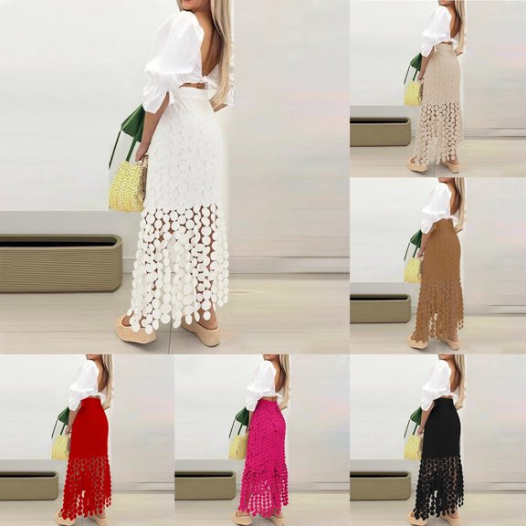 XINPING Maxi Skirts for Women Pink Slim Fit Color Block Soft Women's Flowy Handkerchief Hemline Midi Skirt