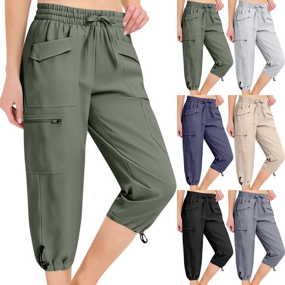 Womens Elastic Waist Drawstring Cargo Capri Pants 6 Pockets with Zippered Drawstring Cuffs Cropped Pants Casual Capris Quick Dry, #01 Green, M