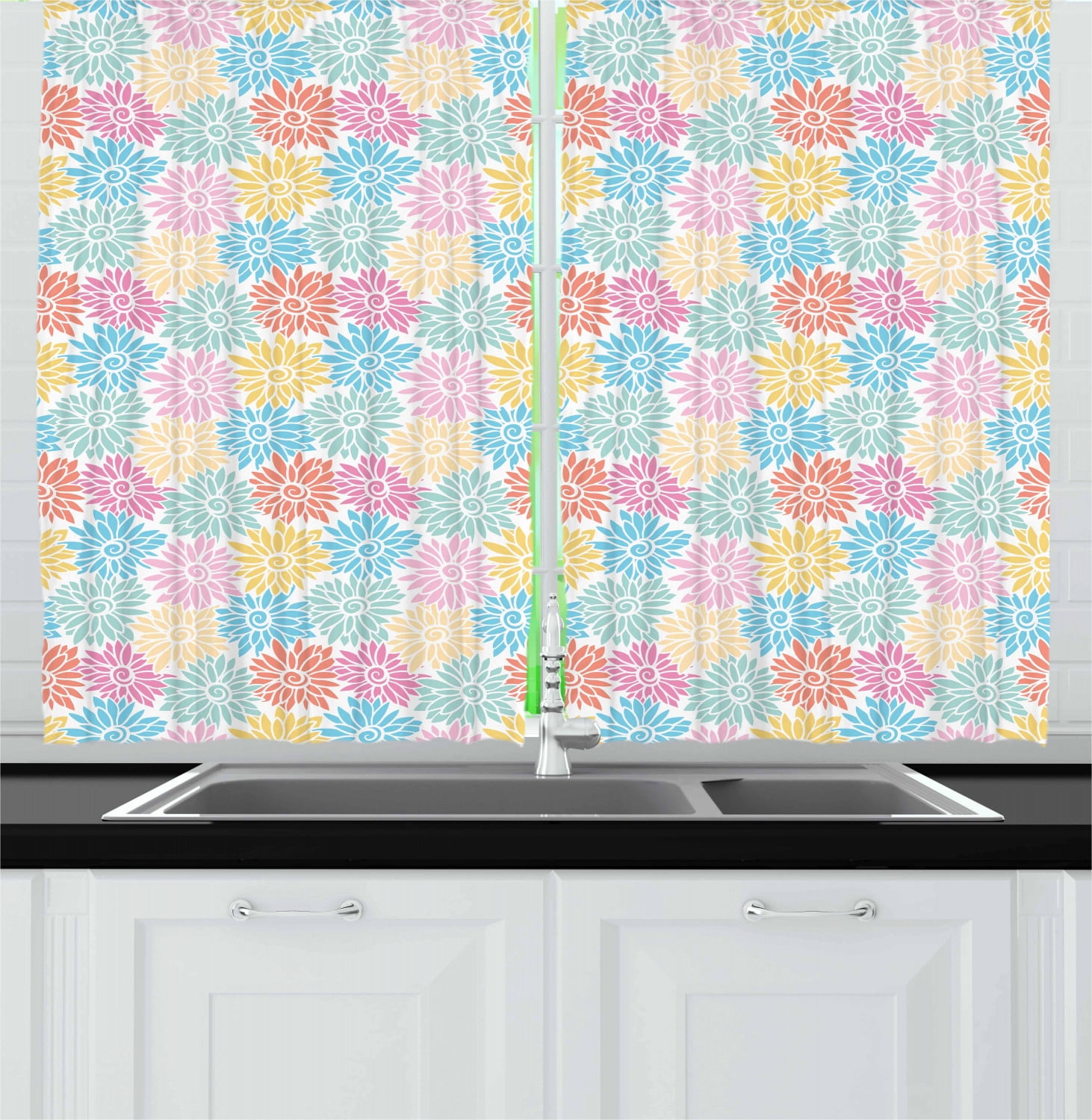 Spring Curtains 2 Panels Set, Doodle Ornamental Flowers Colorful Field