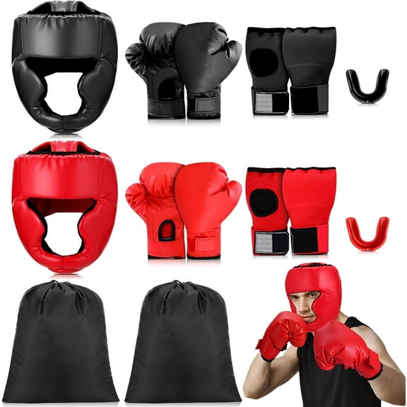 14 Pcs Boxing Equipment Set for Beginners 2 Pair of Boxing Gloves Headgears Sport Mouths Guards Gel Hand Wraps and Bags Taekwondo Sparring Gear Gifts for Adults Beginners Training Equipment