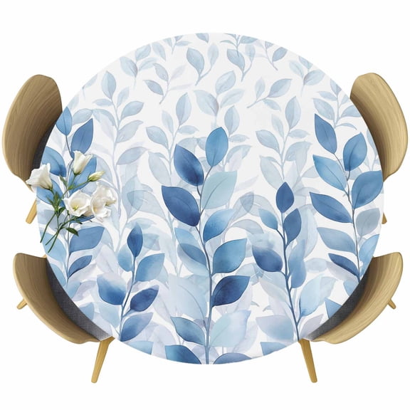 Blue Leaf Fitted Tablecloth with Elastic Edged, Round Table Cloth for Dining Table, Watercolor Country Plant Monochrome Branch Waterproof Oil Proof Table Cover for Indoor Outdoor 36"-44"