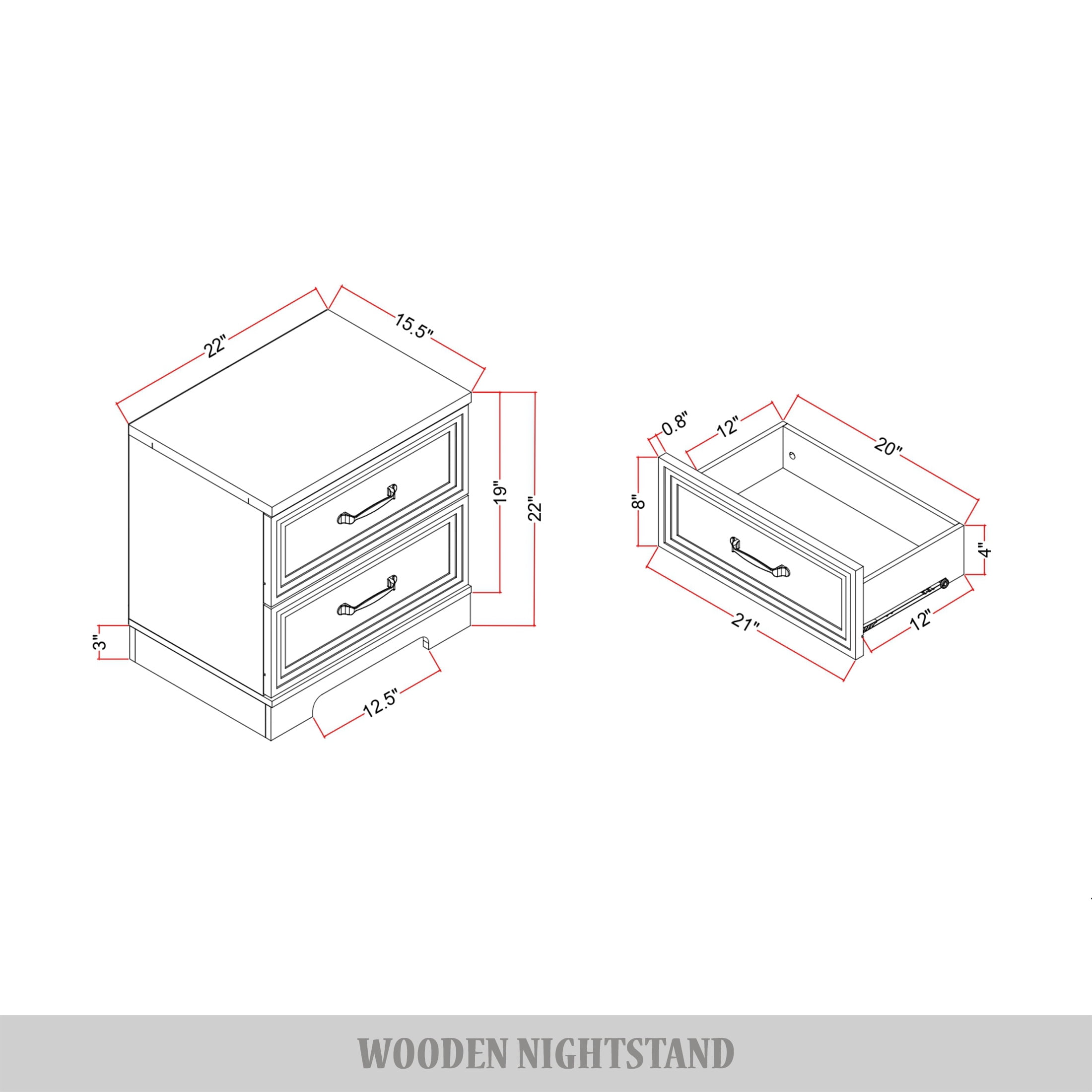 Castle Place Traditional 2 Drawer Wooden Nightstand, Brown Oak