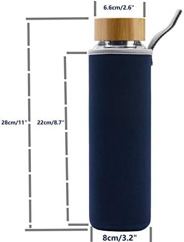 Jointown Glass Water Bottle 32 oz Wide Mouth with Sleeve Bamboo Lid Motivational Water Bottle With Time Marker Reusable Safe for Hot Cold Drinks Bpa Free (Navy Blue)