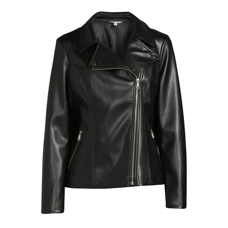 Time and Tru Women's Asymmetrical Faux Leather Jacket, Sizes XS-3X 