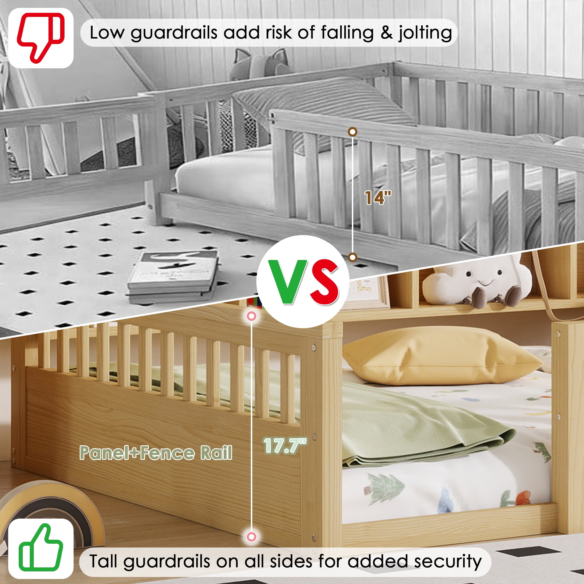 Mirightone Full Size Montessori Floor Bed with LED Light, Storage Bookcase & Safety Rail, Solid Pine Wood  House Floor Bed, No Box Spring Needed (Natural)