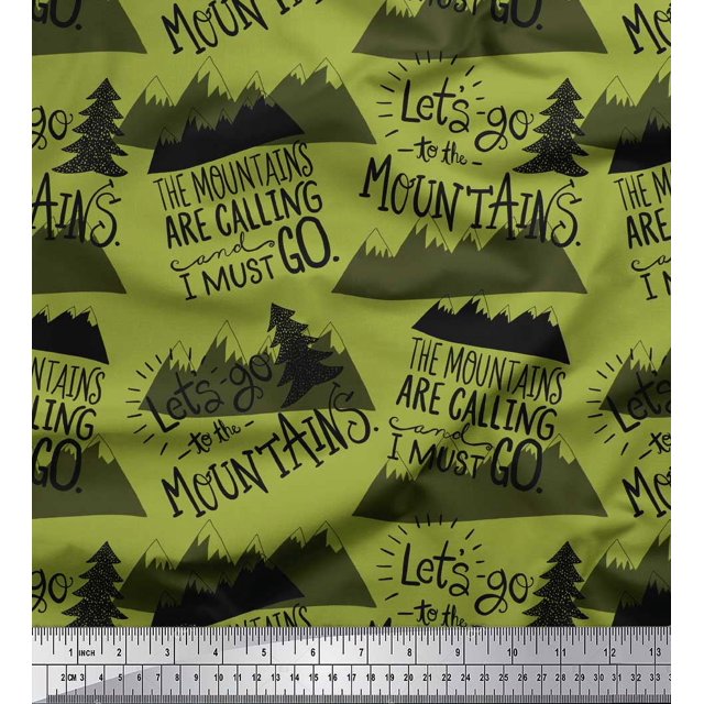 Soimoi Green Moss Georgette Fabric Mountains & Text Decor Fabric Printed Yard 42 Inch Wide