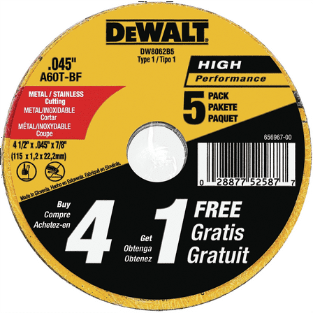 Dewalt DW8062B5 4-1/2" Type 1 Metal Cutting Wheels (Pack of 5)
