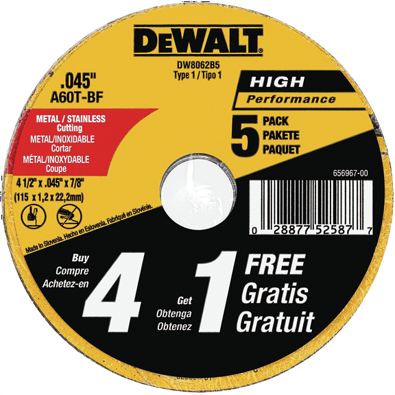 Dewalt DW8062B5 4-1/2" Type 1 Metal Cutting Wheels (Pack of 5)