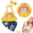 thumbnail image 2 of ASFGIMUJ Summer Solid Color Rainbow Print Hanging Neck Suspender Ripped Denim Shorts Summer Wear Girls Suit Girl Clothes,Size 3 Years-4 Years, 2 of 9