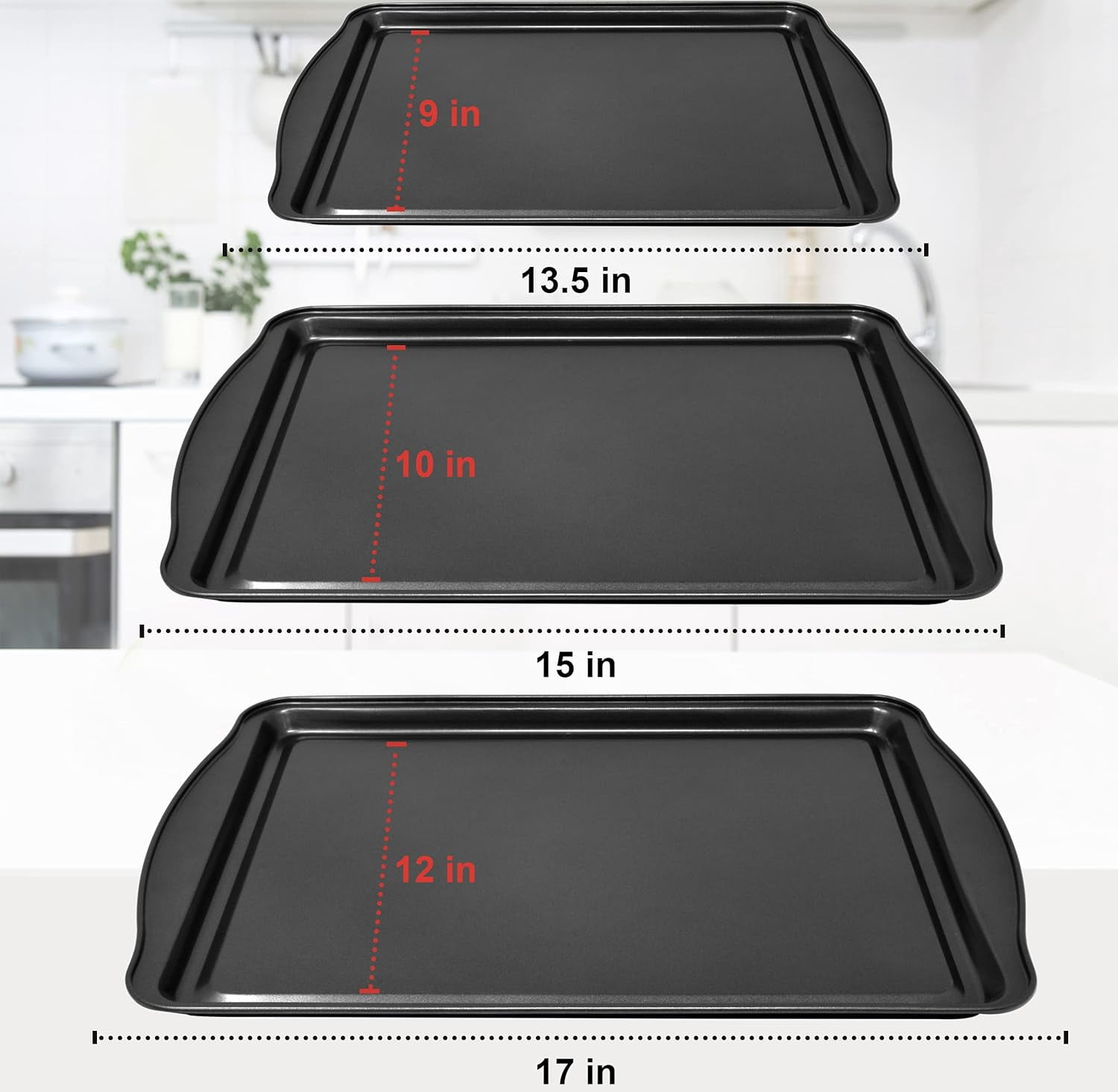 Perlli 3-Piece Cookie Sheet Oven Tray Set with Gray Handles for Non Stick Baking (Small, Medium, Large Trays)