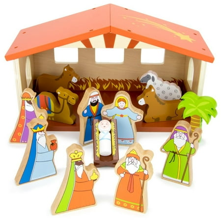 Wooden Nativity O Holy Night Wooden Nativity Set - 14-piece Christmas Holiday Traditional Nativity Playset with The Holy Family, Three Wise Men, Animals, and Manger by Imagination Generation ()