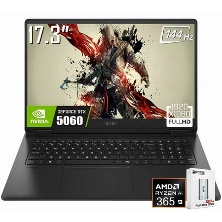 HP OMEN 17 Gaming Laptop, 17.3" 1920 x 1080 144Hz FHD Display, AMD Ryzen AI 9 365, GeForce RTX 5060, RGB Backlit KB, 1080p Webcam, 128GB Portable SSD, Windows 11 Home(32GB DDR5 RAM | 1TB SSD)