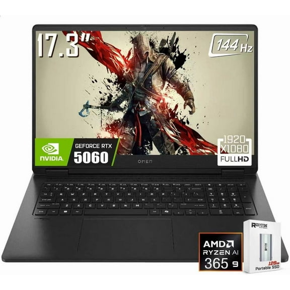 HP OMEN 17 Gaming Laptop, 17.3" 1920 x 1080 144Hz FHD Display, AMD Ryzen AI 9 365, GeForce RTX 5060, RGB Backlit KB, 1080p Webcam, 128GB Portable SSD, Windows 11 Home(32GB DDR5 RAM | 1TB SSD)