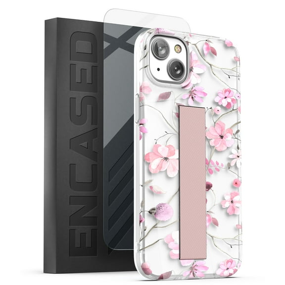 Encased Bando Series Designed for iPhone 14 Case with Hand Strap Grip and Screen Protector (Clear/Pink Flowers)