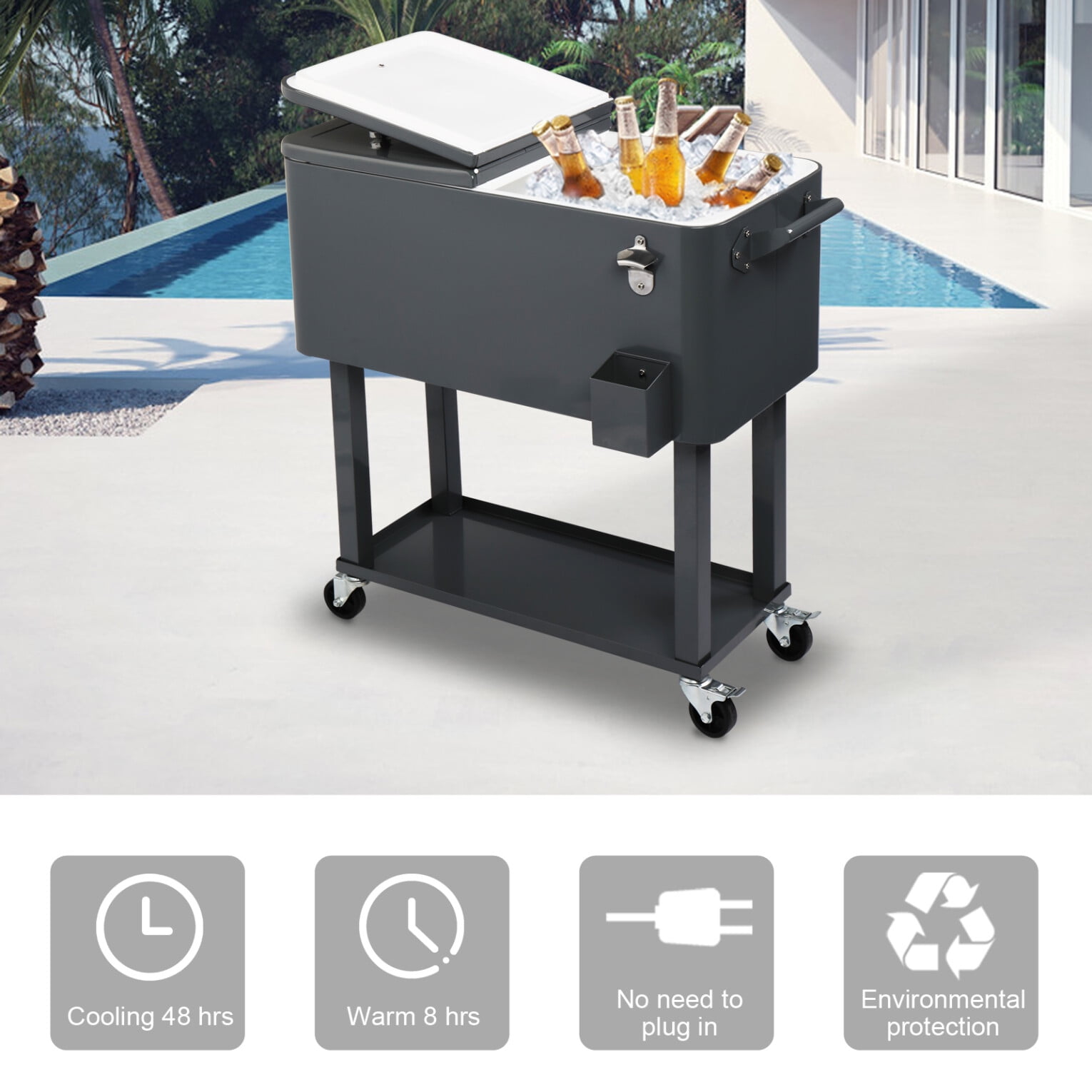 80QT Insulated Cooler Cart, Rectangular Plastic Refrigeration with Opener and Cap Catcher, 2 Side Handles, Cooling 48 Hours, for Outdoor, Dark Grey
