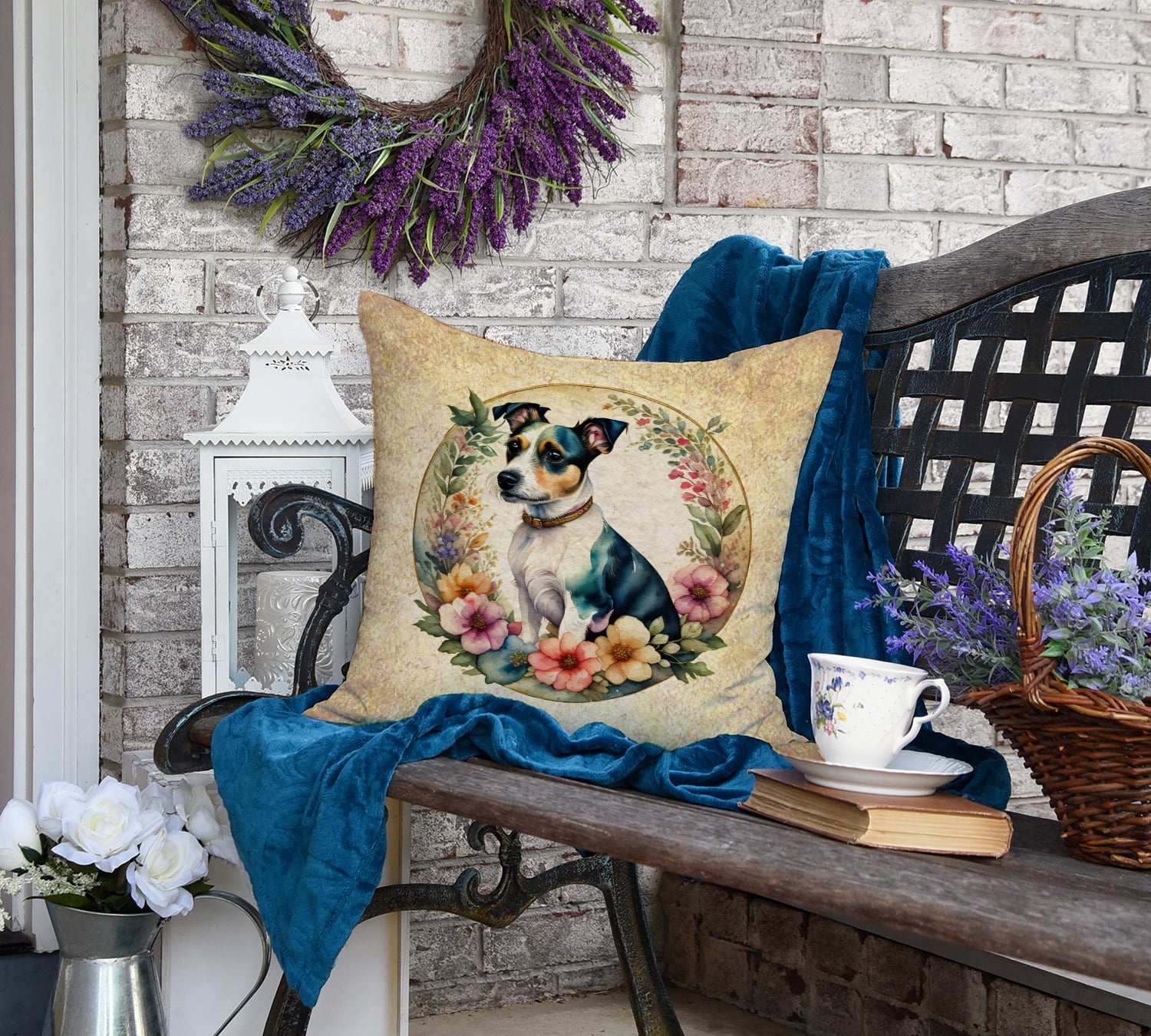 Jack Russell Terrier and Flowers Fabric Decorative Pillow 18 in x 18 in