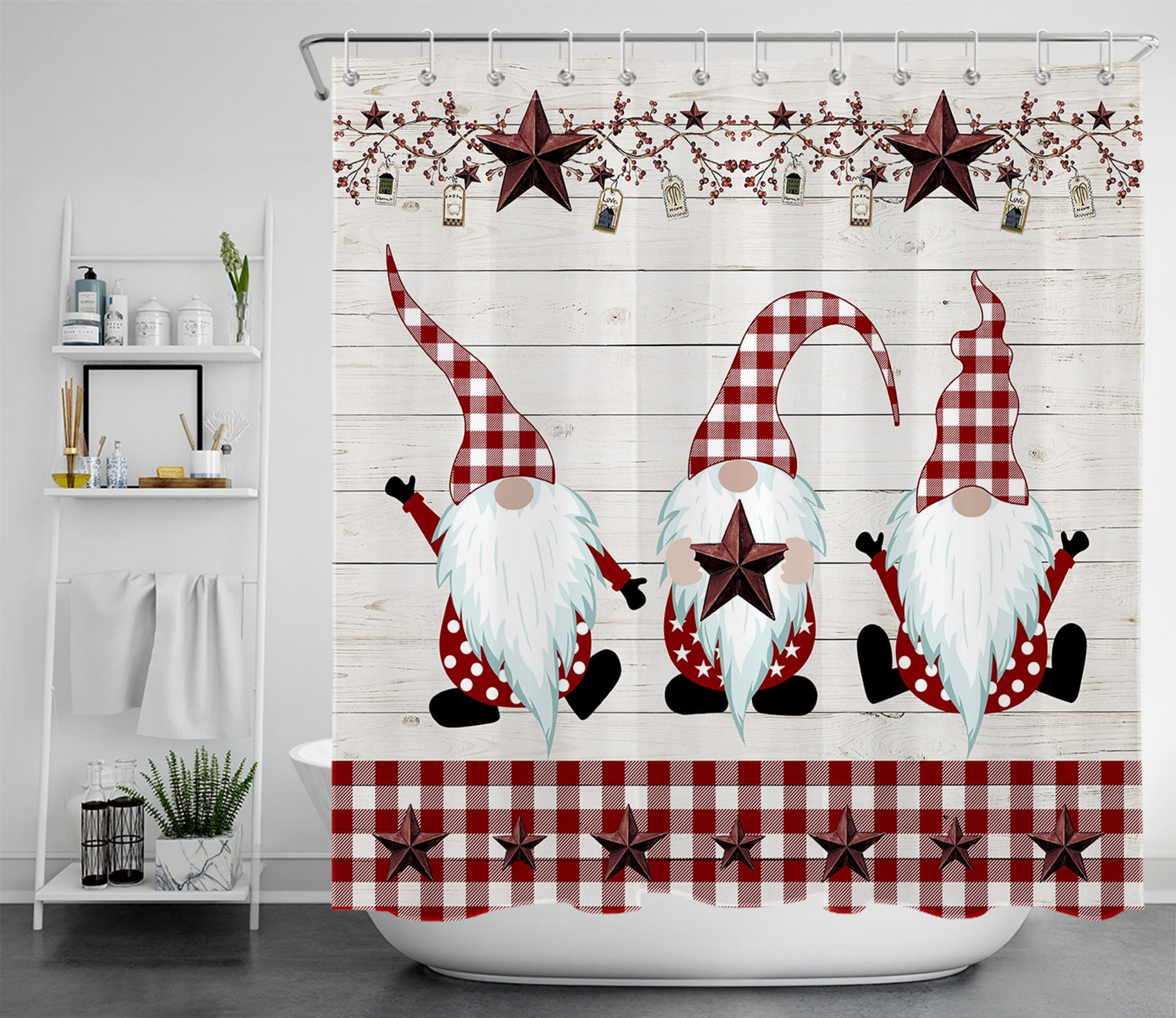 HVEST Funny Gnome Shower Curtain, Red White Buffalo Plaid Gnomes and Star Decoration on Rustic Planks Shower Curtain for Bathroom, Waterproof Polyester Fabric Bath Curtain with Hook, 72X72 inch
