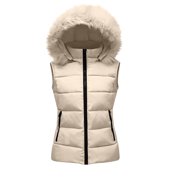 MOONDU Womens Puffer Vest Quilted Sleeveless Faux Fur Hood Zip Pockets Fall Winter Warm Outerwear for Layering Casual