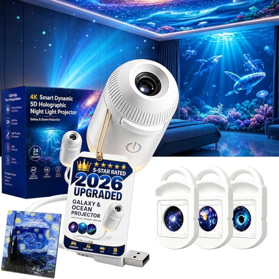2026 Upgraded HD Smart Dynamic 5D Holographic Night Light Projector with 24 Films, Plug and Play HD Star Projector, 2‑in‑1 Galaxy & Ocean Projector, 360° Manual‑Adjust For Bedroom Ceiling(3 Films)