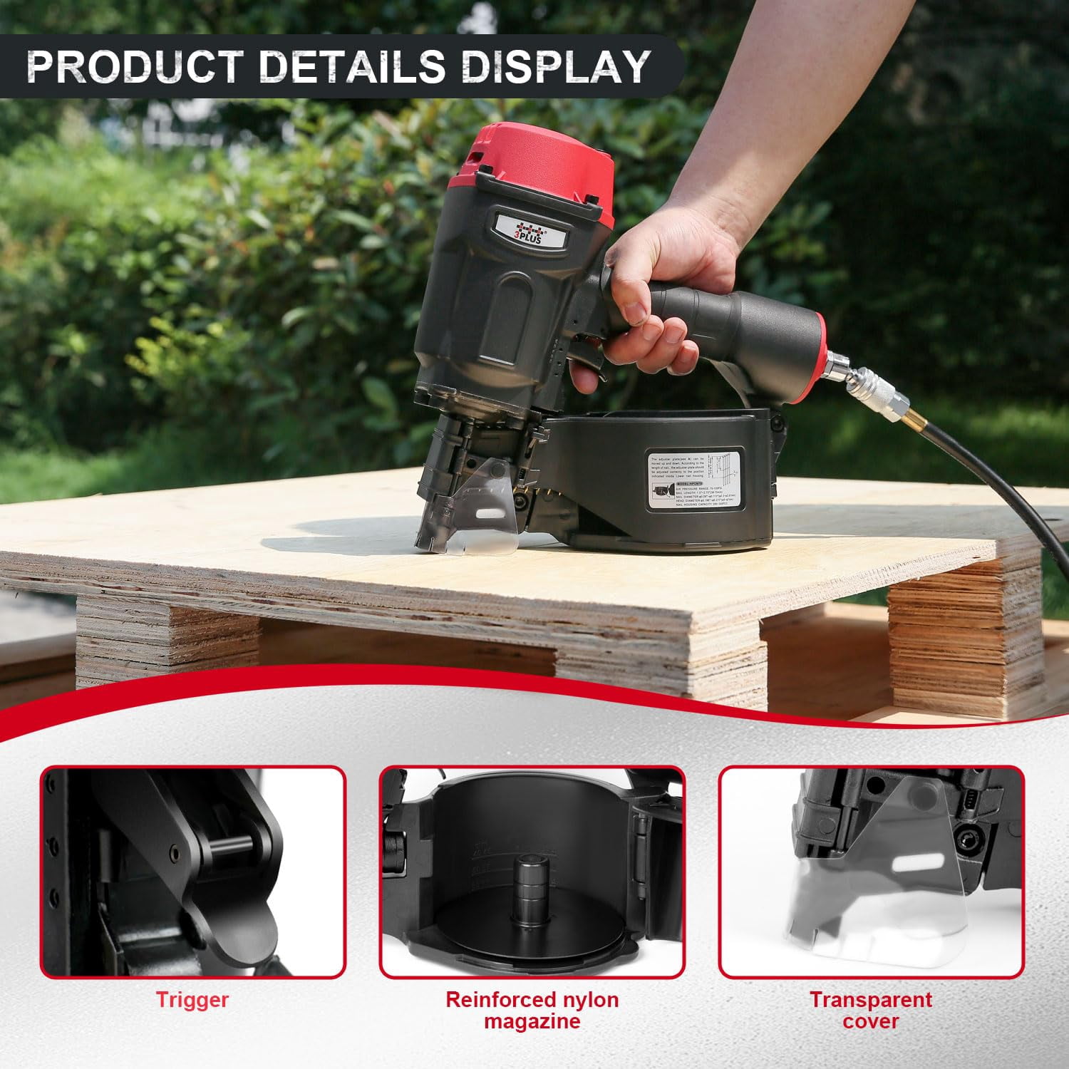 3PLUS HCN70SP Pneumatic Coil Pallet Nailer| Wire Collated Nails, 15 Degree Tilt Angle , 1-3/4'' to 2-3/4'' in Length