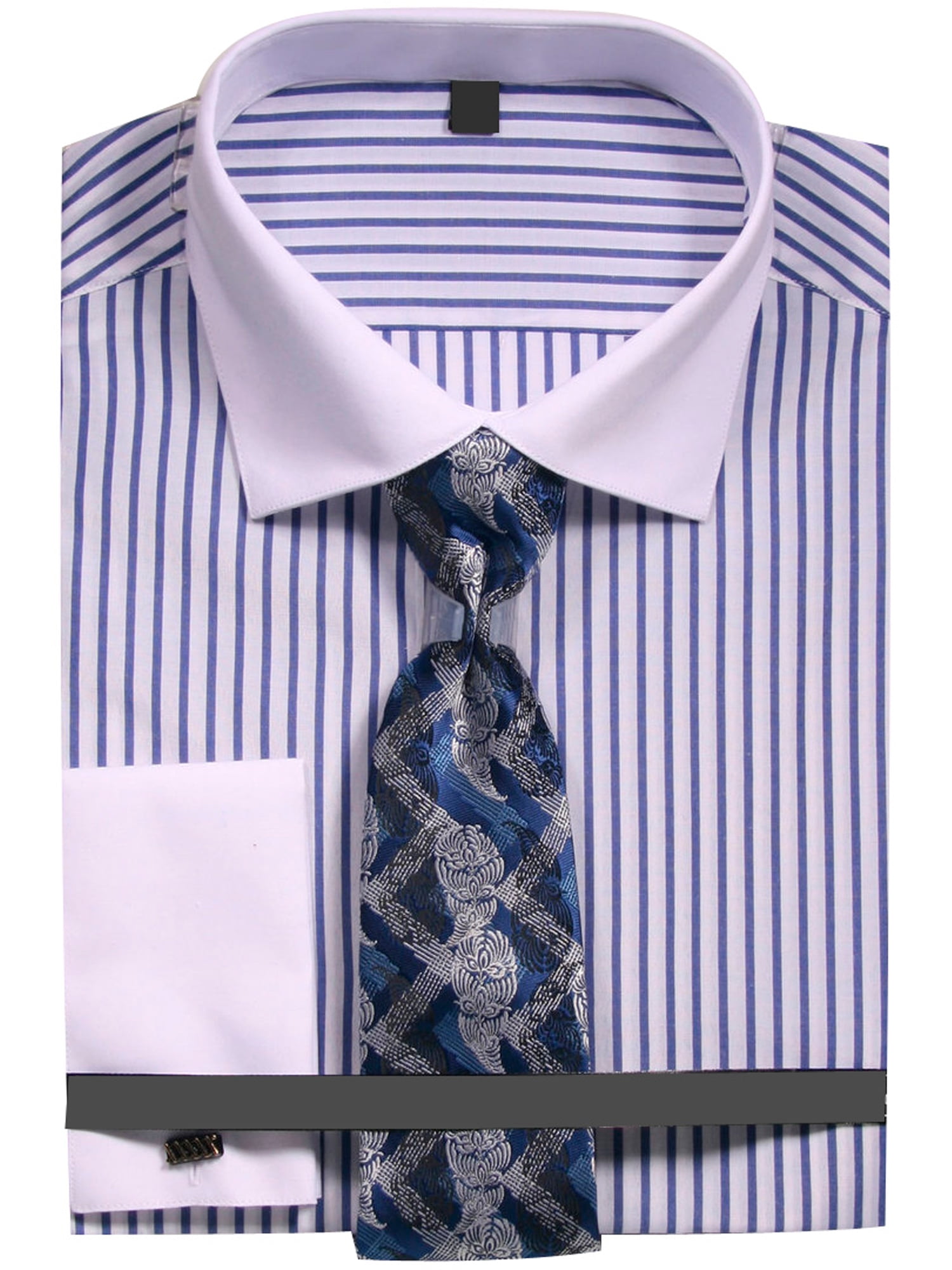 Sunrise Outlet Men's Slim Fit Stripe Dress Shirt with French Cuffs
