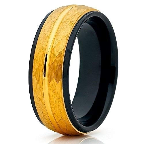 Silly Kings Jewelry 8mm Yellow Gold Tungsten Ring Tungsten Wedding Band Hammered Black Tungsten Ring Men and Women