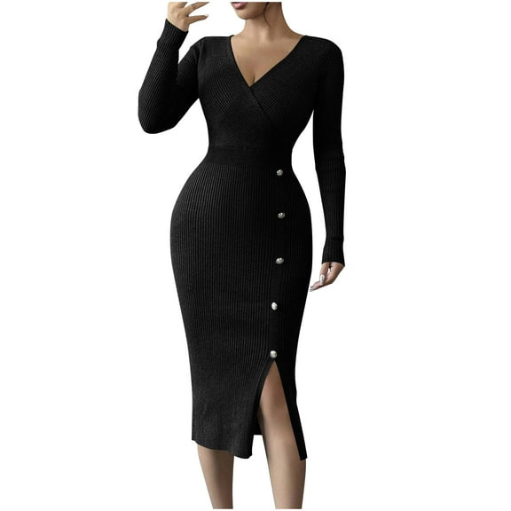 Roncen Women's Solid Knit Dress - Bodycon Fit Stretchy Pencil Dress with Casual Chic Style, Flattering Silhouette for Daily Wear Office Outfits