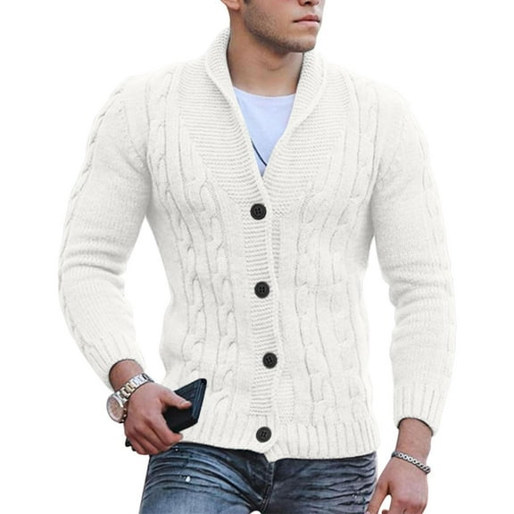 Men's Cable Knit Cardigan Sweater Shawl Loose Fit Long-Sleeved Casual Polyester