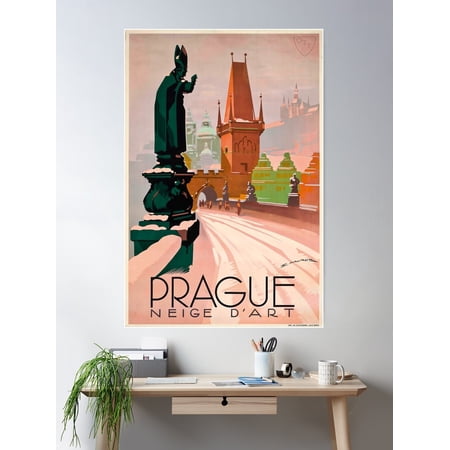 Prague Vintage Travel Poster Poster Wall Art, Modern Wall Decor For Living Room Bedroom, 16x24 UNFRAMED