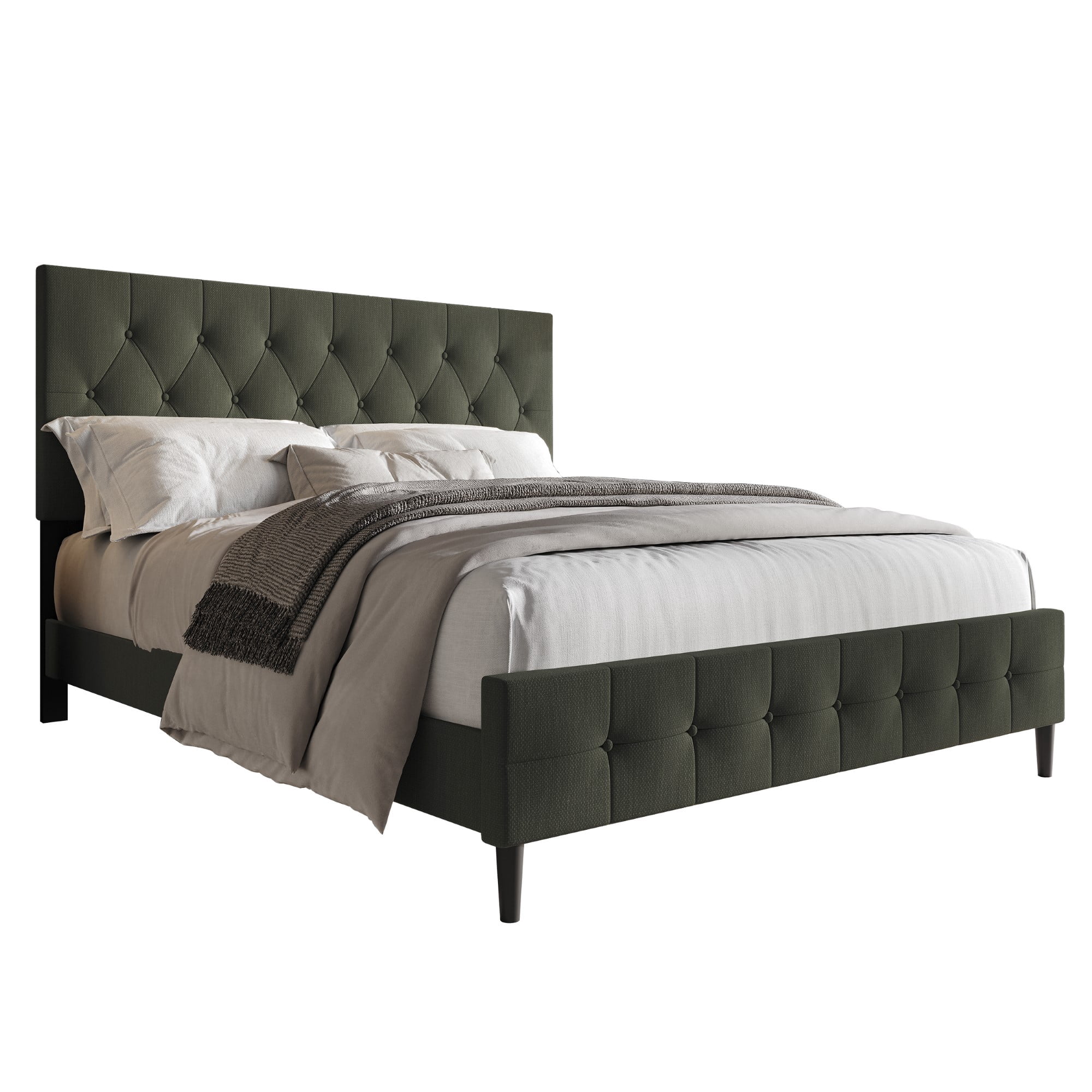 Home Design Socorro Queen Tufted Upholstered Platform Bed with Button-Tufted Headboard and Slat Support, Dark Gray, Easy Assembly