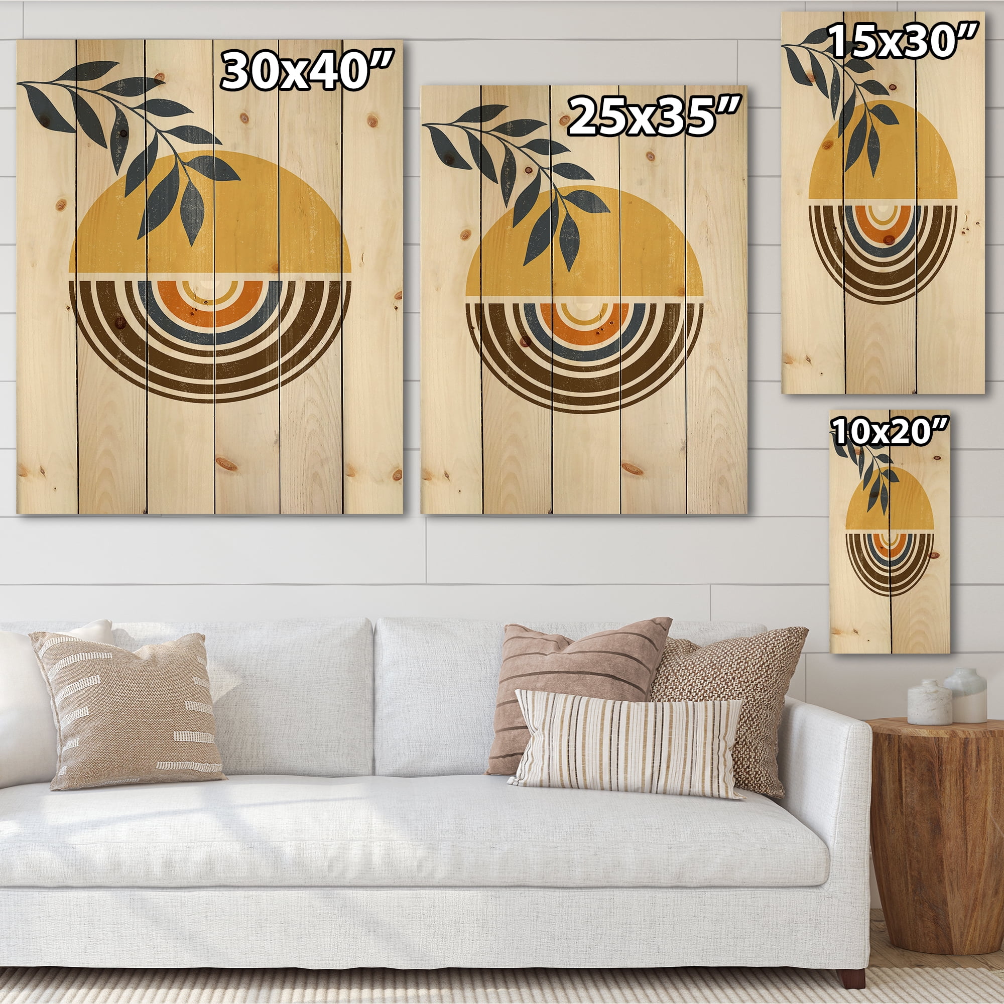 Designart 'Abstract Sun and Moon Leaves ' Modern Print on Natural Pine Wood